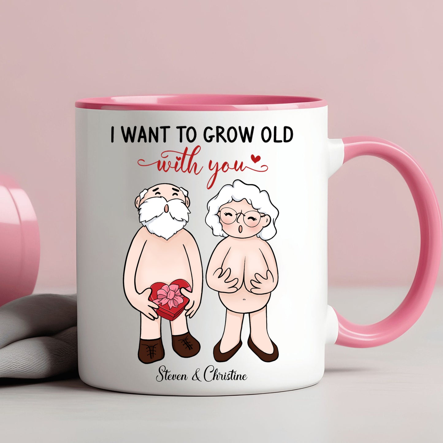 I Want To Grow Old With You Personalized Accent Mug, Anniversary Valentine Gift For Couple