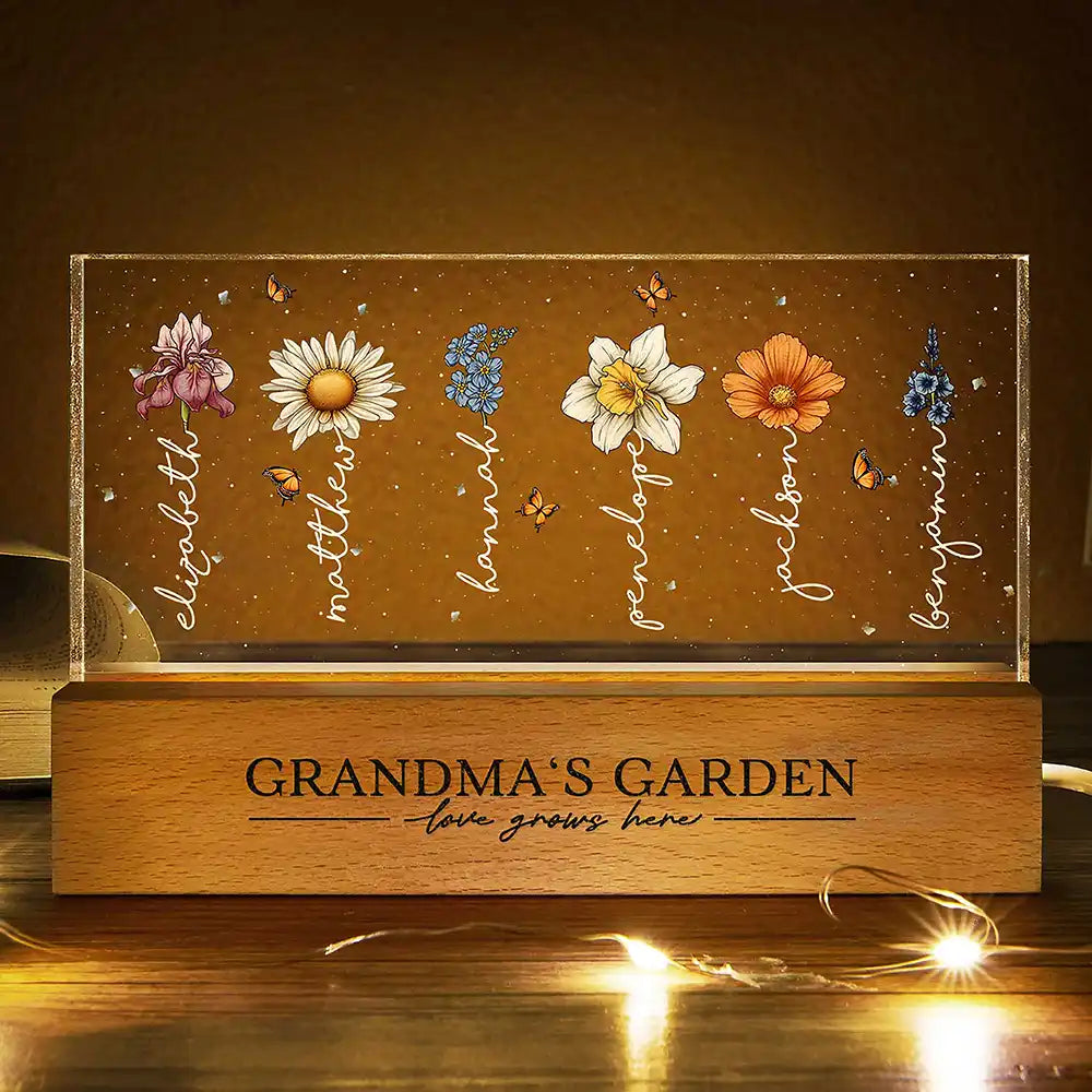 Grandma's Garden Birth Month Flowers - Personalized Rectangle LED Light, Custom Name Night Light for Grandma, Mother's Day Gift