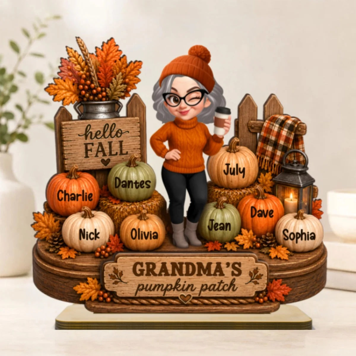Hello Fall Grandma's Pumpkin Patch - Personalized 2-Layered Wooden Plaque - Cozy Fall Decor for Grandma