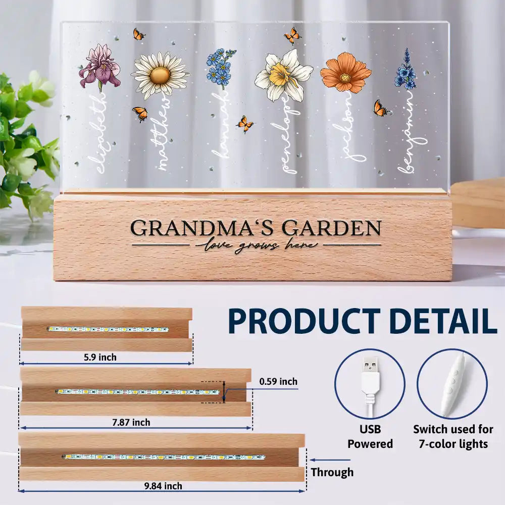 Grandma's Garden Birth Month Flowers - Personalized Rectangle LED Light, Custom Name Night Light for Grandma, Mother's Day Gift