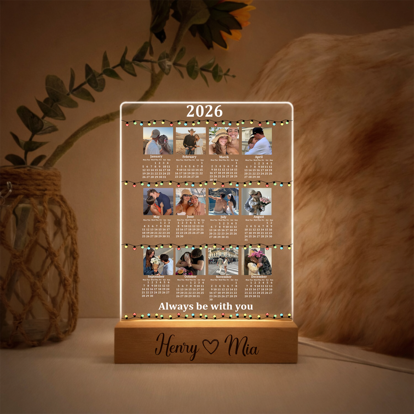 Custom Photo Calendar Night Light – Personalized LED Acrylic Lamp for Couple, Valentine Anniversary Gift for Boyfriend & Girlfriend