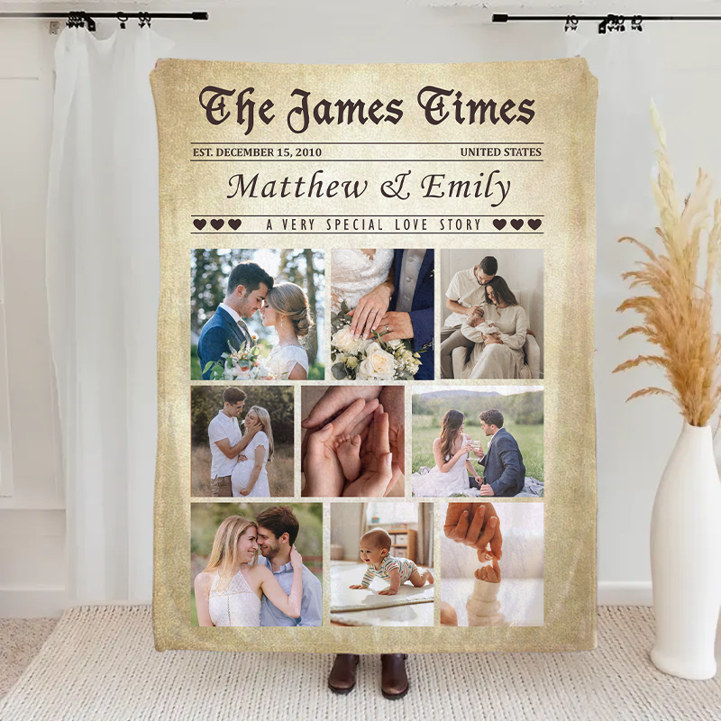 Custom Picture Collage Blanket, Unique Photo Blanket for Couples Engagement, Personalize Wedding Gift, Anniversary Newspaper Blanket for Couples