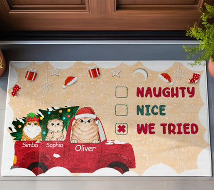 Naughty Nice We Tried Cat Lover v3 Doormat, Cat Personalized Home Decor Mat, Xmas Gift For Cat Owners, Pet Lovers Gift Idea