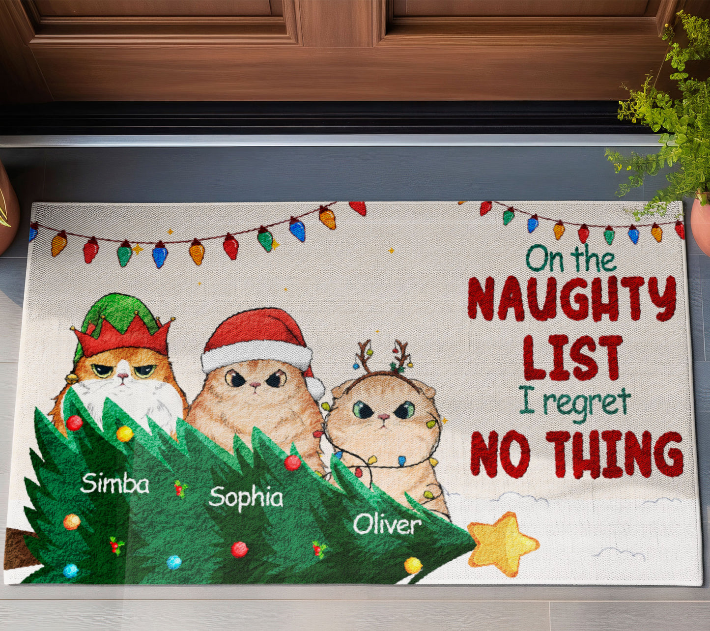 On The Naughty List I Regret Nothing Cat Lover v3 Doormat, Cat Personalized Home Decor Mat, Xmas Gift For Cat Owners, Pet Lovers Gift Idea