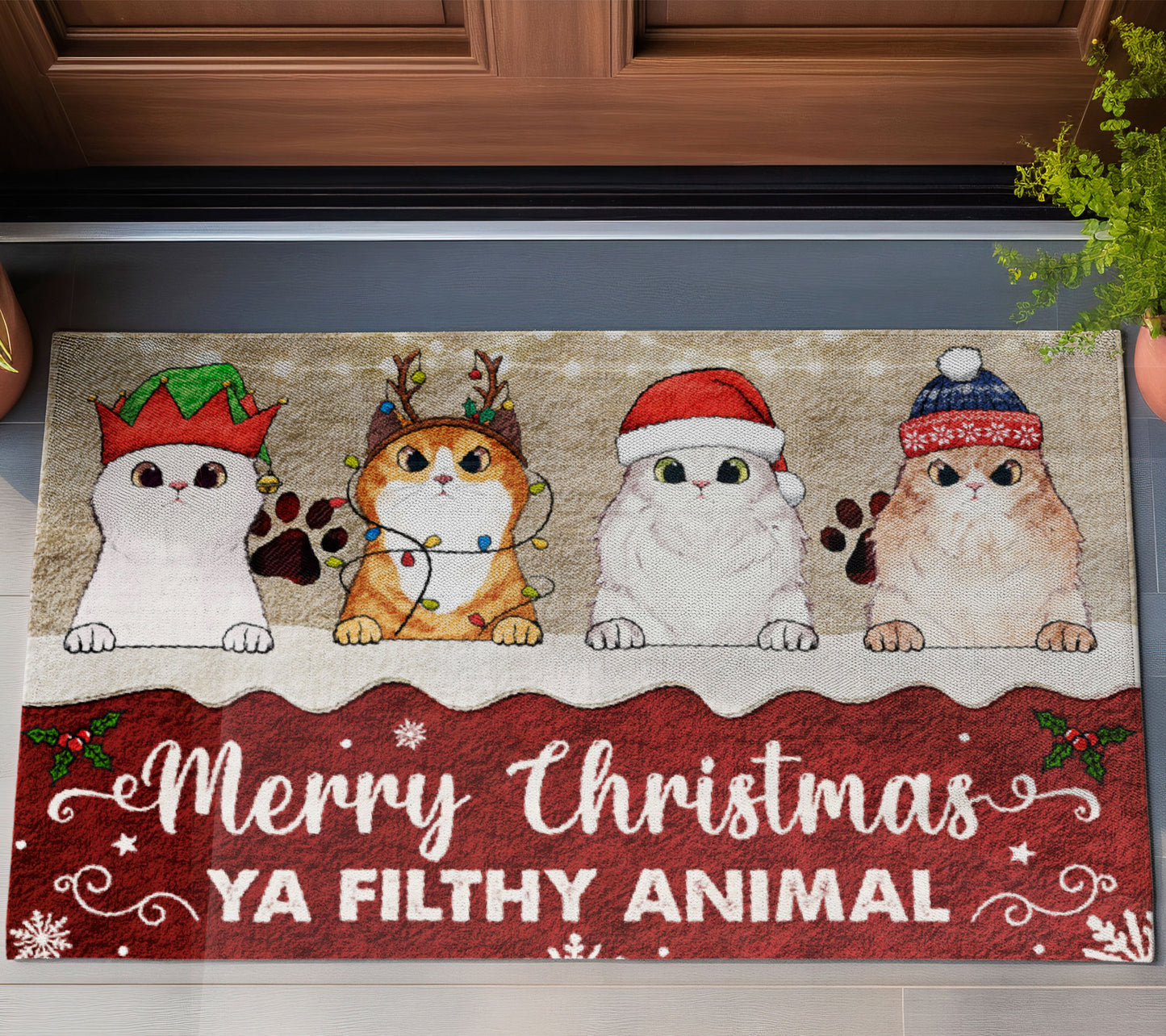 Merry Christmas Ya Filthy Animal Cat Lover v2 Doormat, Cat Personalized Home Decor Mat, Xmas Gift For Cat Owners, Pet Lovers Gift Idea