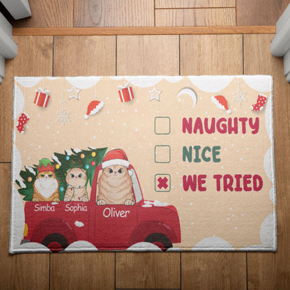 Naughty Nice We Tried Cat Lover v3 Doormat, Cat Personalized Home Decor Mat, Xmas Gift For Cat Owners, Pet Lovers Gift Idea