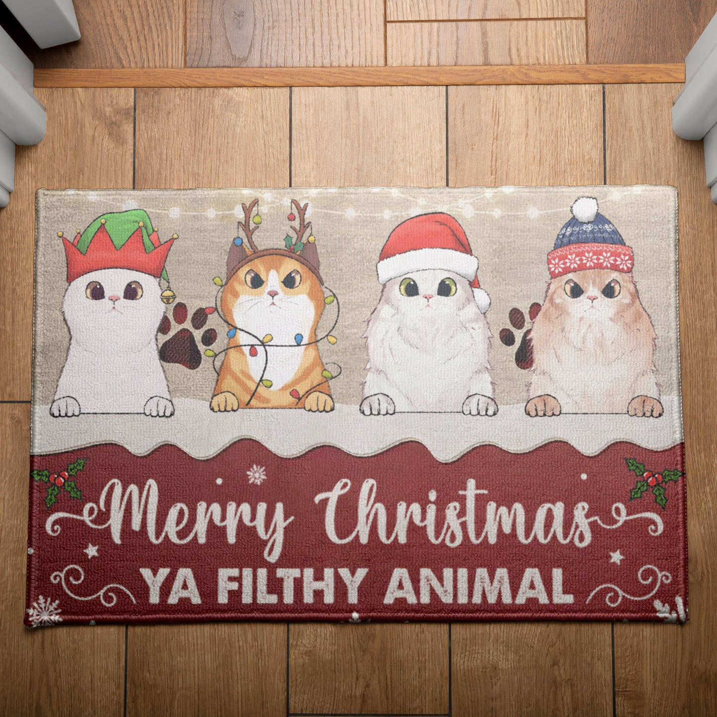 Merry Christmas Ya Filthy Animal Cat Lover v2 Doormat, Cat Personalized Home Decor Mat, Xmas Gift For Cat Owners, Pet Lovers Gift Idea