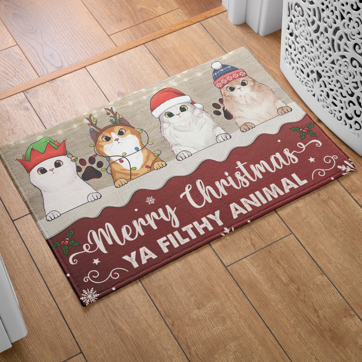Merry Christmas Ya Filthy Animal Cat Lover v2 Doormat, Cat Personalized Home Decor Mat, Xmas Gift For Cat Owners, Pet Lovers Gift Idea