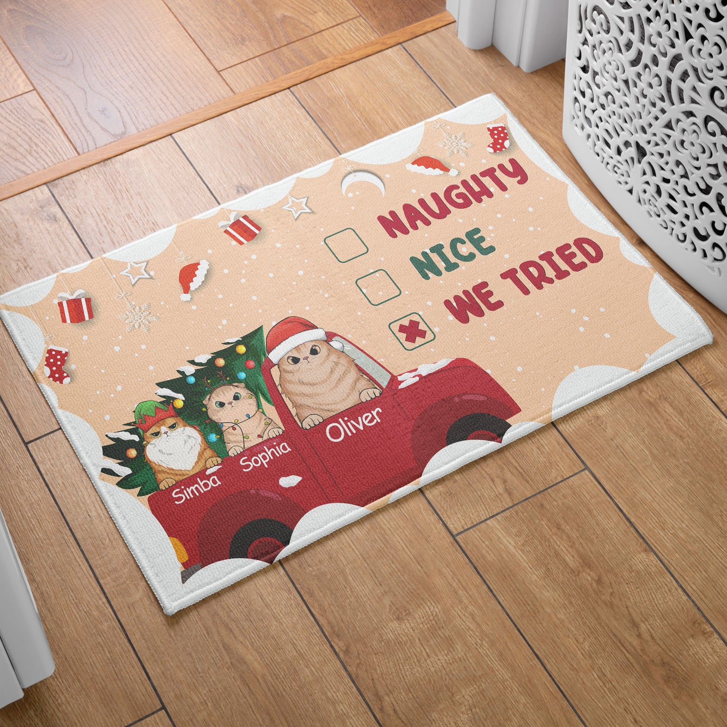 Naughty Nice We Tried Cat Lover v3 Doormat, Cat Personalized Home Decor Mat, Xmas Gift For Cat Owners, Pet Lovers Gift Idea