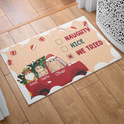 Naughty Nice We Tried Cat Lover v3 Doormat, Cat Personalized Home Decor Mat, Xmas Gift For Cat Owners, Pet Lovers Gift Idea