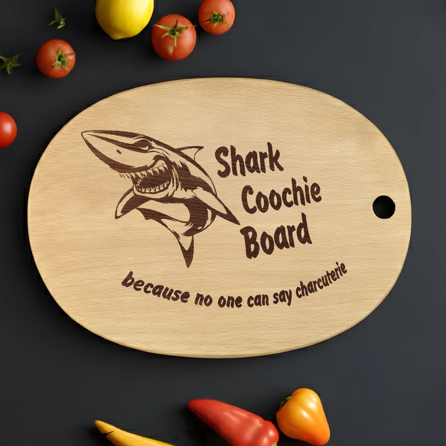 Shark Coochie Board - Funny Engraved Wooden Cutting Board for Kitchen Decor, Housewarming Gift for Him & Her
