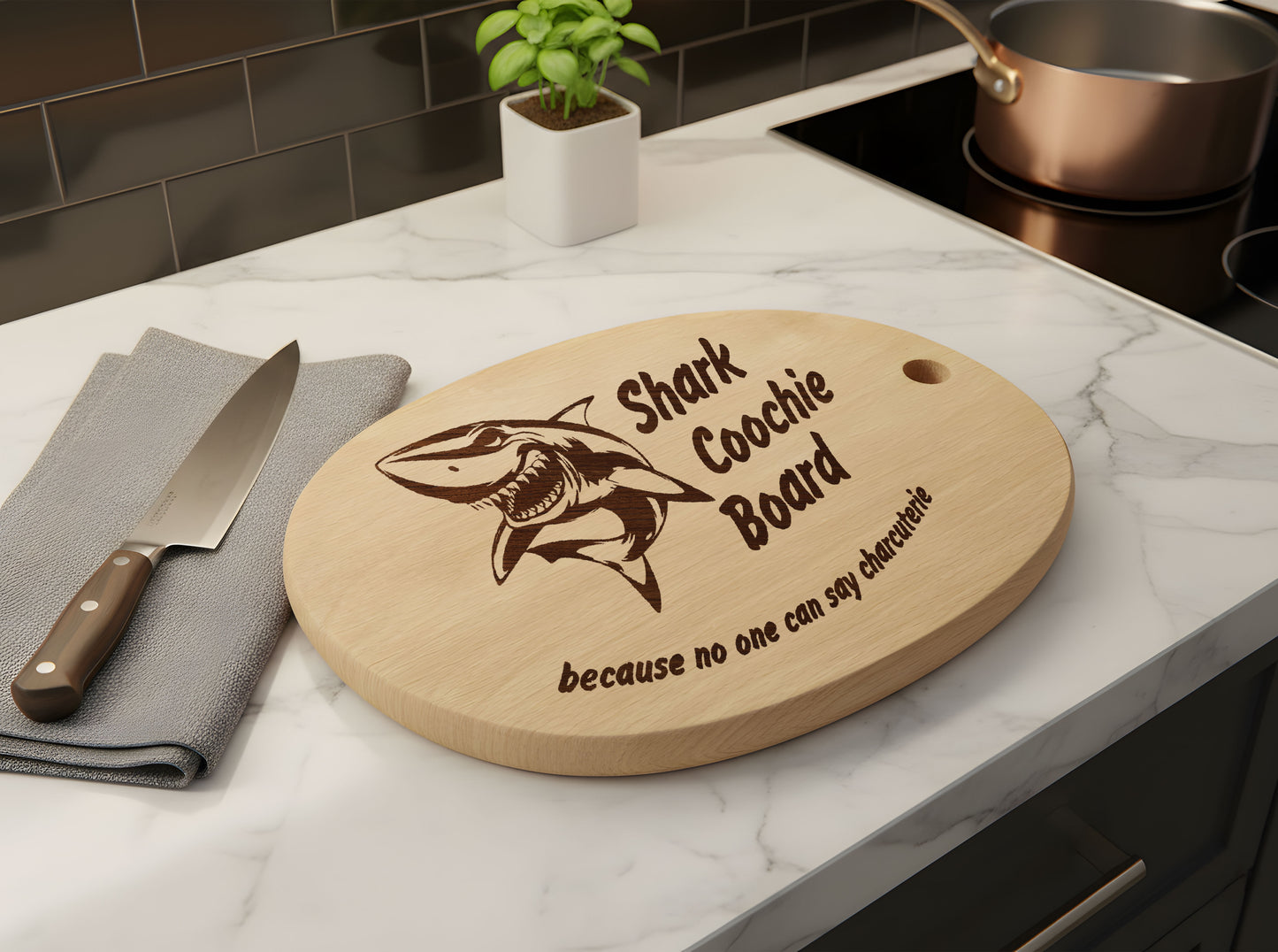 Shark Coochie Board - Funny Engraved Wooden Cutting Board for Kitchen Decor, Housewarming Gift for Him & Her