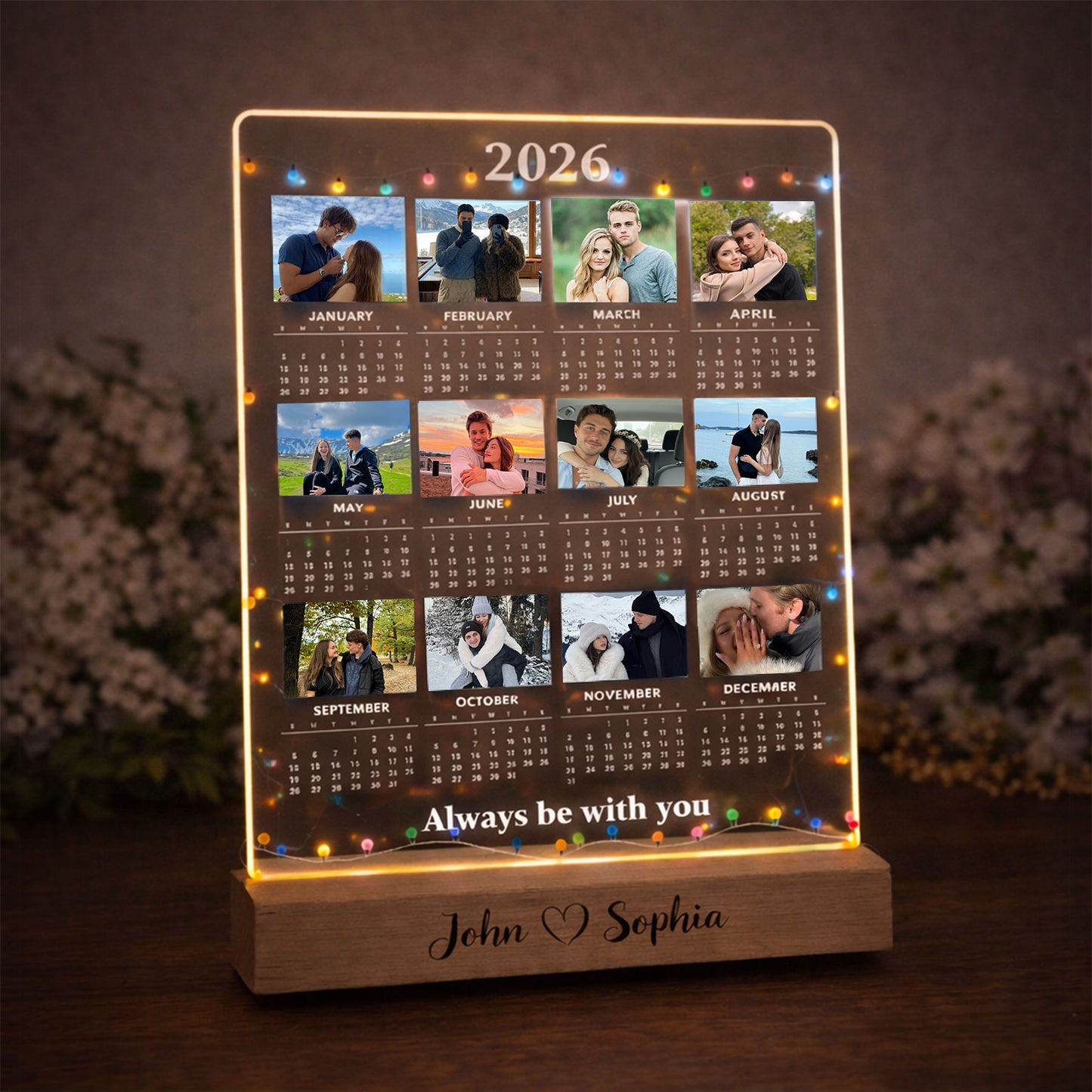 Custom 2026 Calendar Photo Print Plaque LED Wood Base, Acrylic Photo Night Lamp, Personalized Picture Plaque, Gift for Girlfriend or Boyfriend
