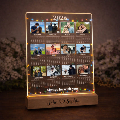 Custom 2026 Calendar Photo Print Plaque LED Wood Base, Acrylic Photo Night Lamp, Personalized Picture Plaque, Gift for Girlfriend or Boyfriend