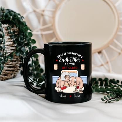 Personalized Old Couple Black Ceramic Mug - Gift Idea For Couple - Love Is Supporting Each Other As You Get Older