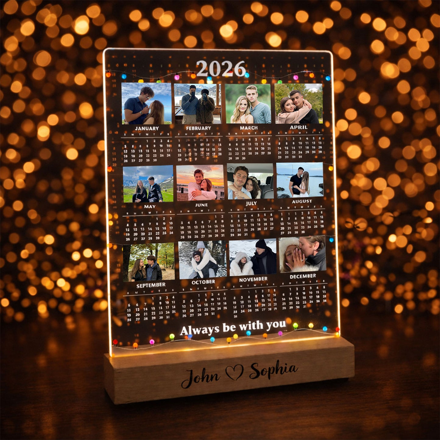 Custom 2026 Calendar Photo Print Plaque LED Wood Base, Acrylic Photo Night Lamp, Personalized Picture Plaque, Gift for Girlfriend or Boyfriend