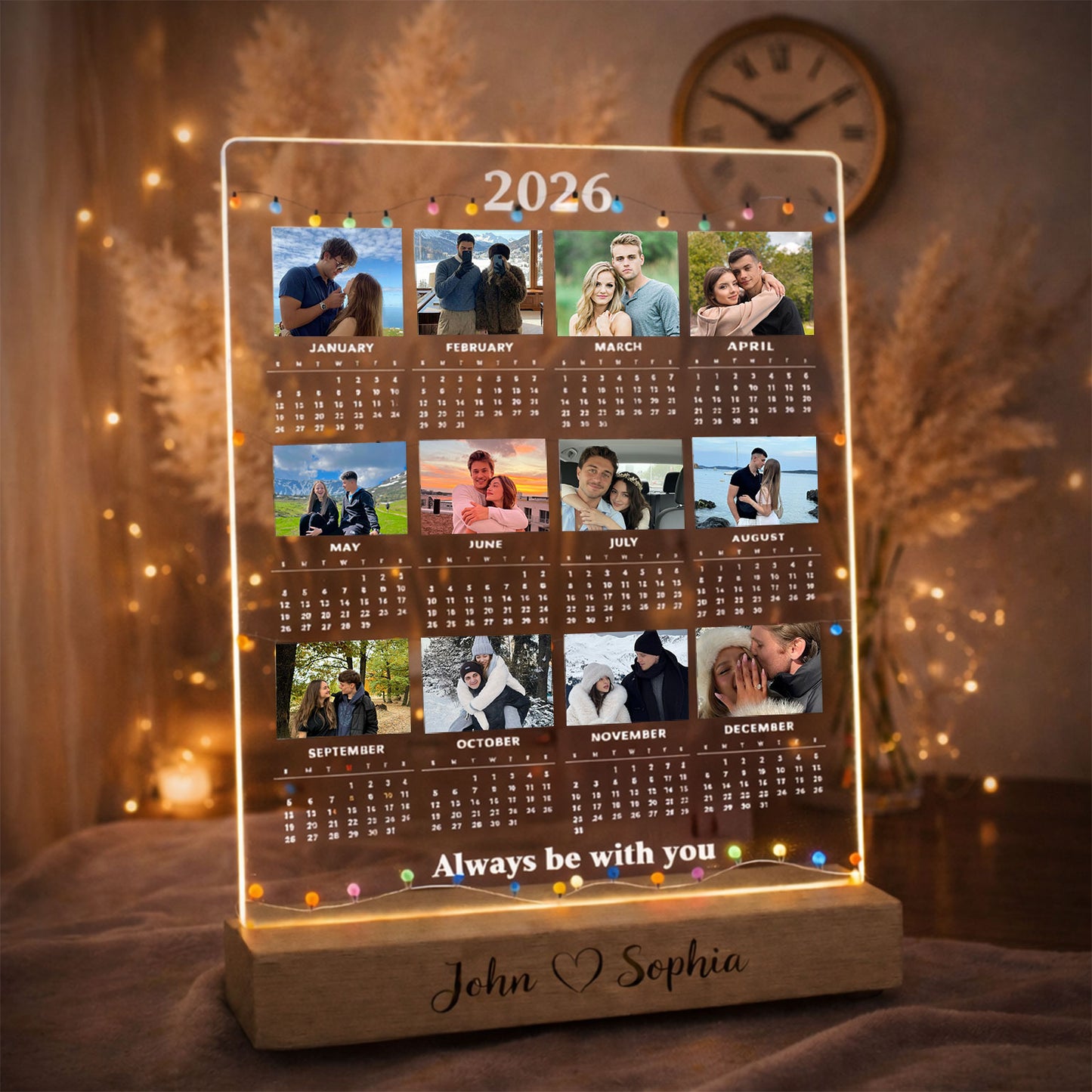 Custom 2026 Calendar Photo Print Plaque LED Wood Base, Acrylic Photo Night Lamp, Personalized Picture Plaque, Gift for Girlfriend or Boyfriend