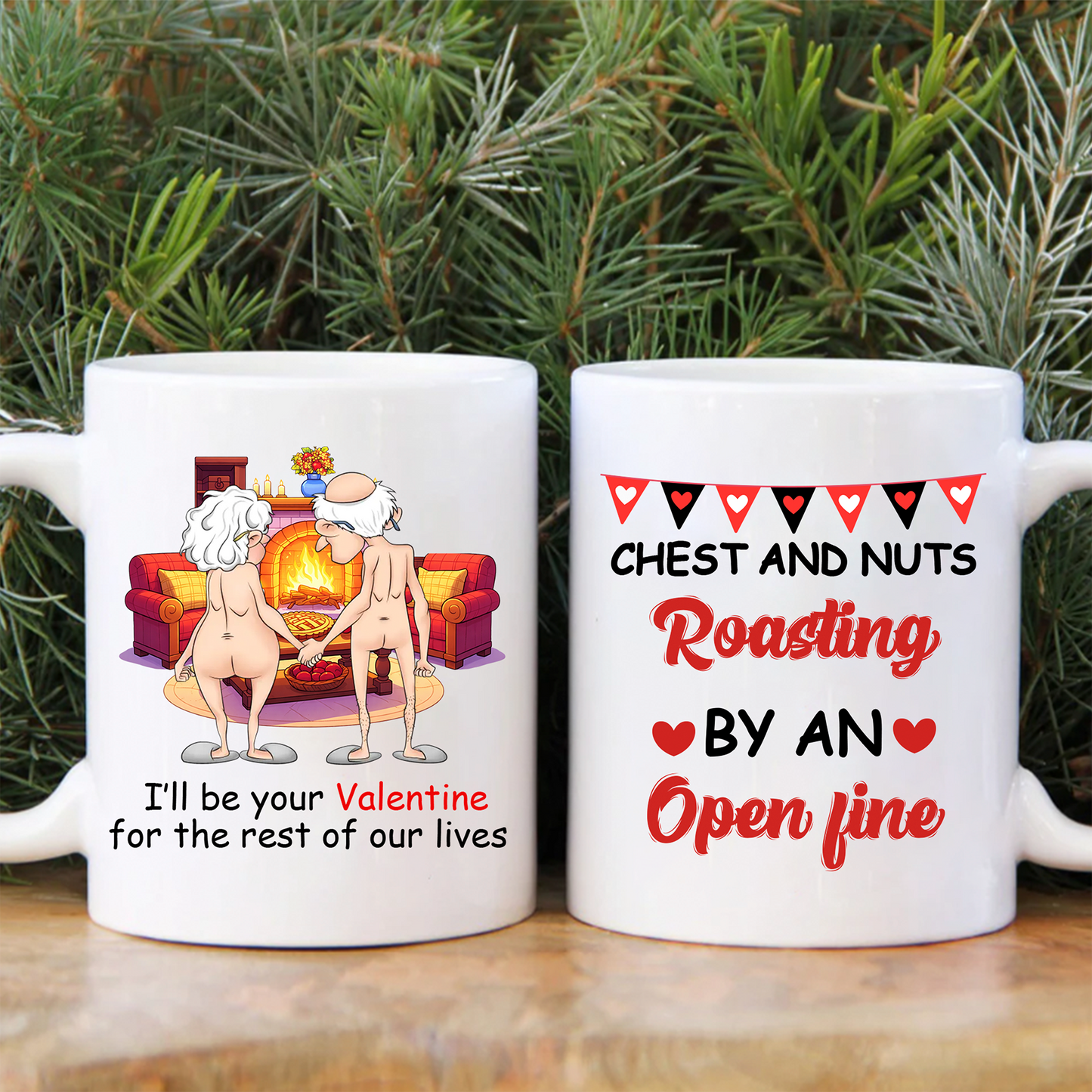 Personalized Funny Old Couple Ceramic Mug - Christmas Gift Idea For Couple - Chest And Nuts Roasting By An Open Fire