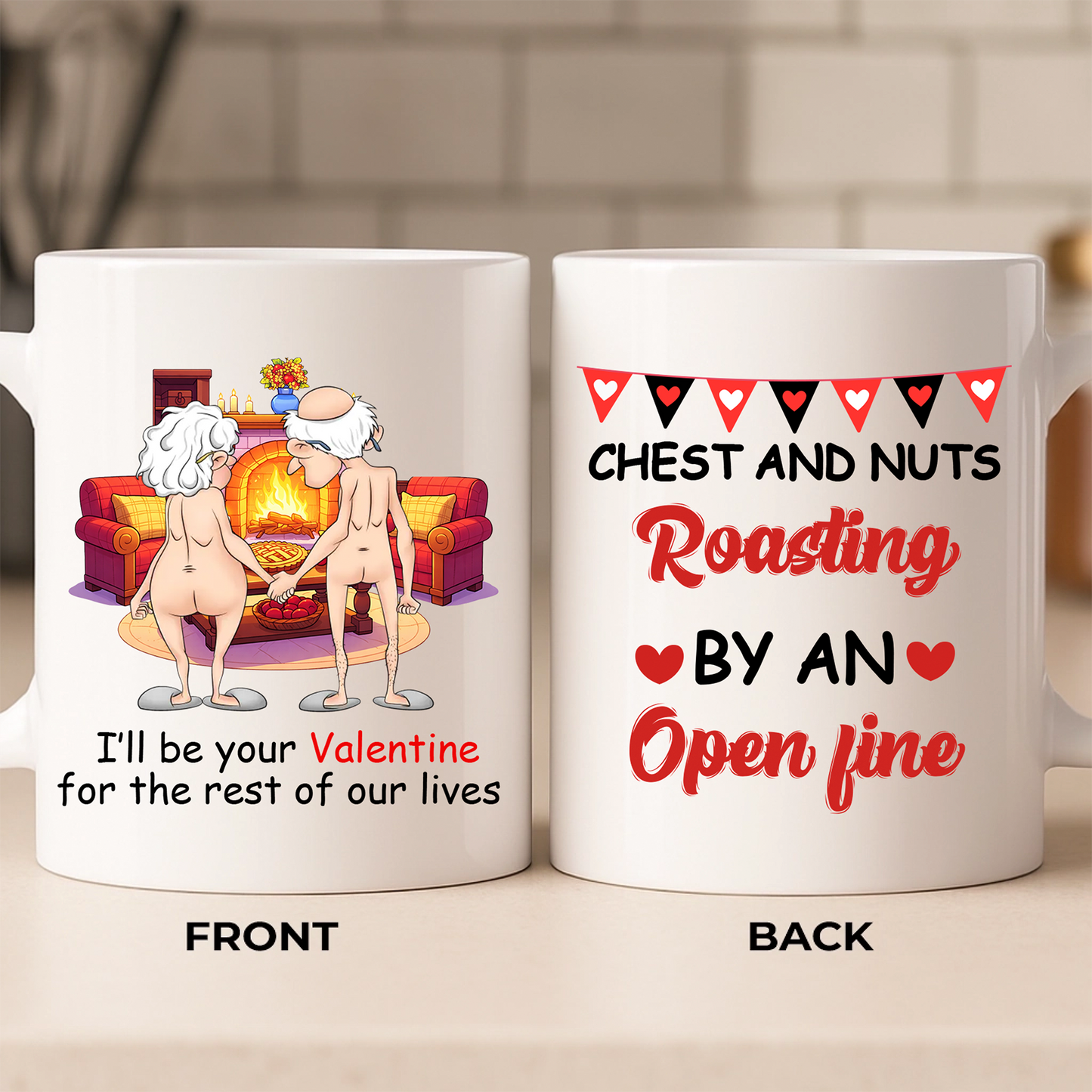 Personalized Funny Old Couple Ceramic Mug - Christmas Gift Idea For Couple - Chest And Nuts Roasting By An Open Fire