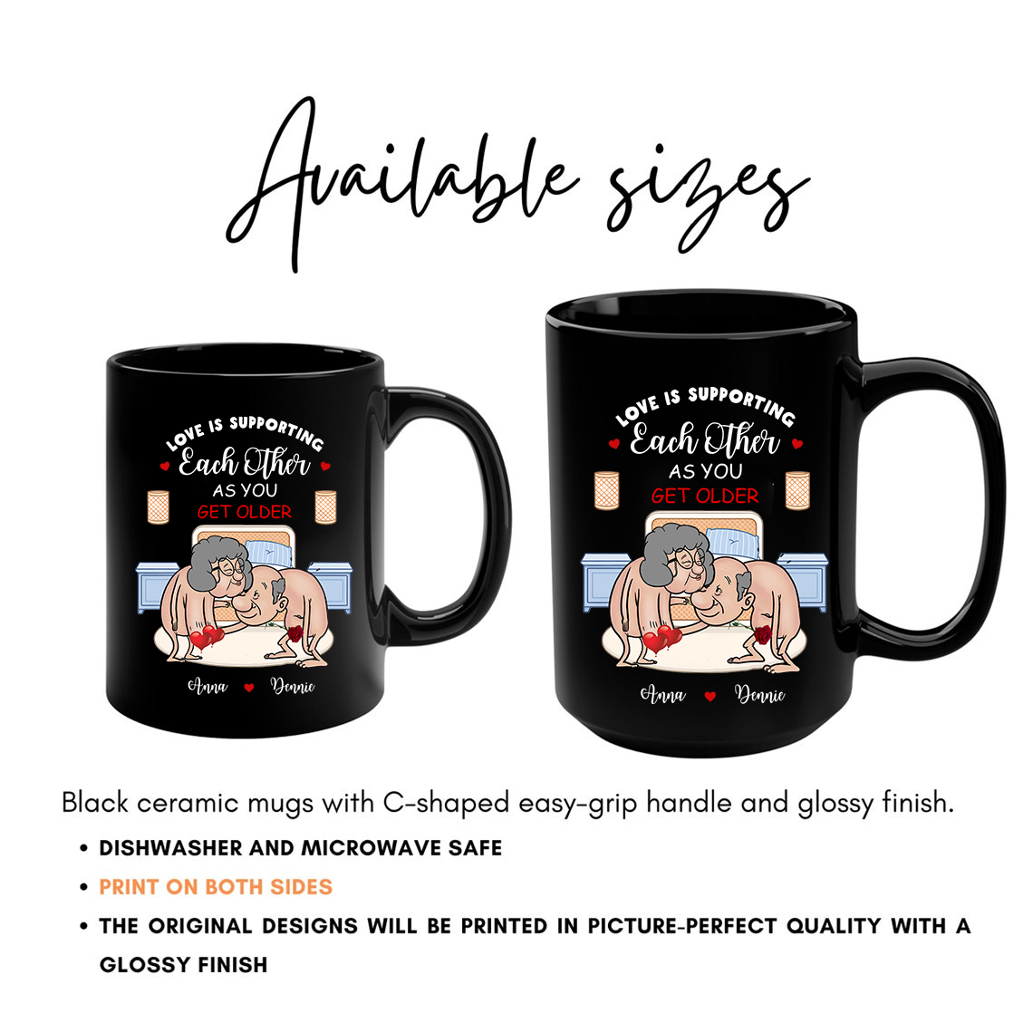 Personalized Old Couple Black Ceramic Mug - Gift Idea For Couple - Love Is Supporting Each Other As You Get Older