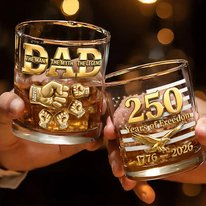 USA 250th Anniversary Daddy's Team Fist Bump - Personalized Whiskey Glass - Father's Day Gift for Dad, Husband