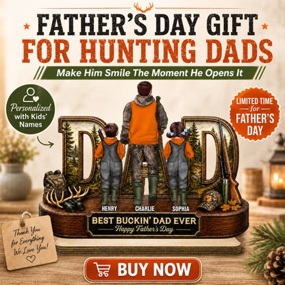 Hunting Dad Best Buckin' Dad Ever - Personalized 2-Layered Wooden Plaque - Unique Father's Day Gift For Hunting Dad, Husband