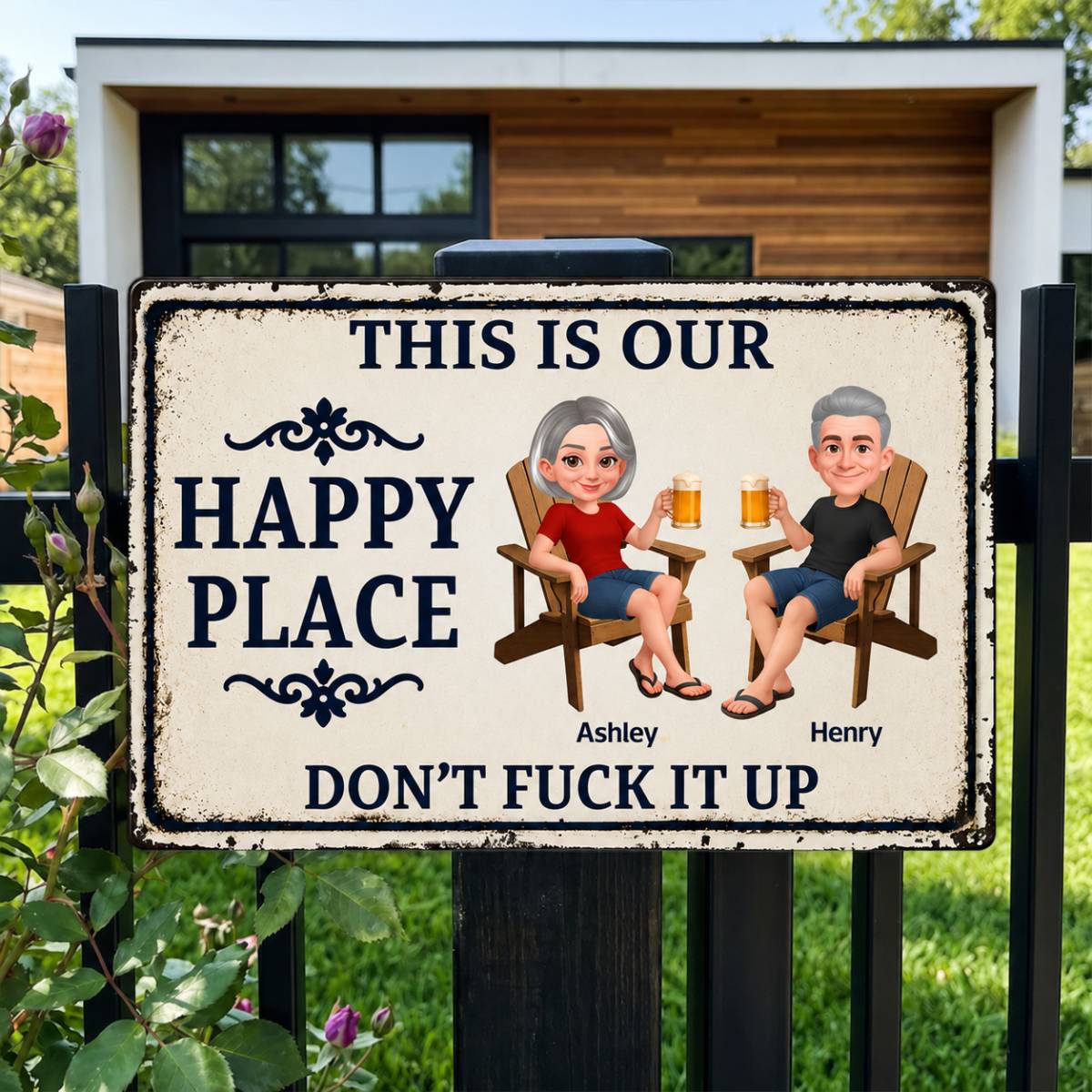 Couple Anniversary This Is Our Happy Place - Personalized Metal Sign - Funny Sarcasm Decoration For Patio, Garden, Farmhouse Porch, Man Cave, Garage