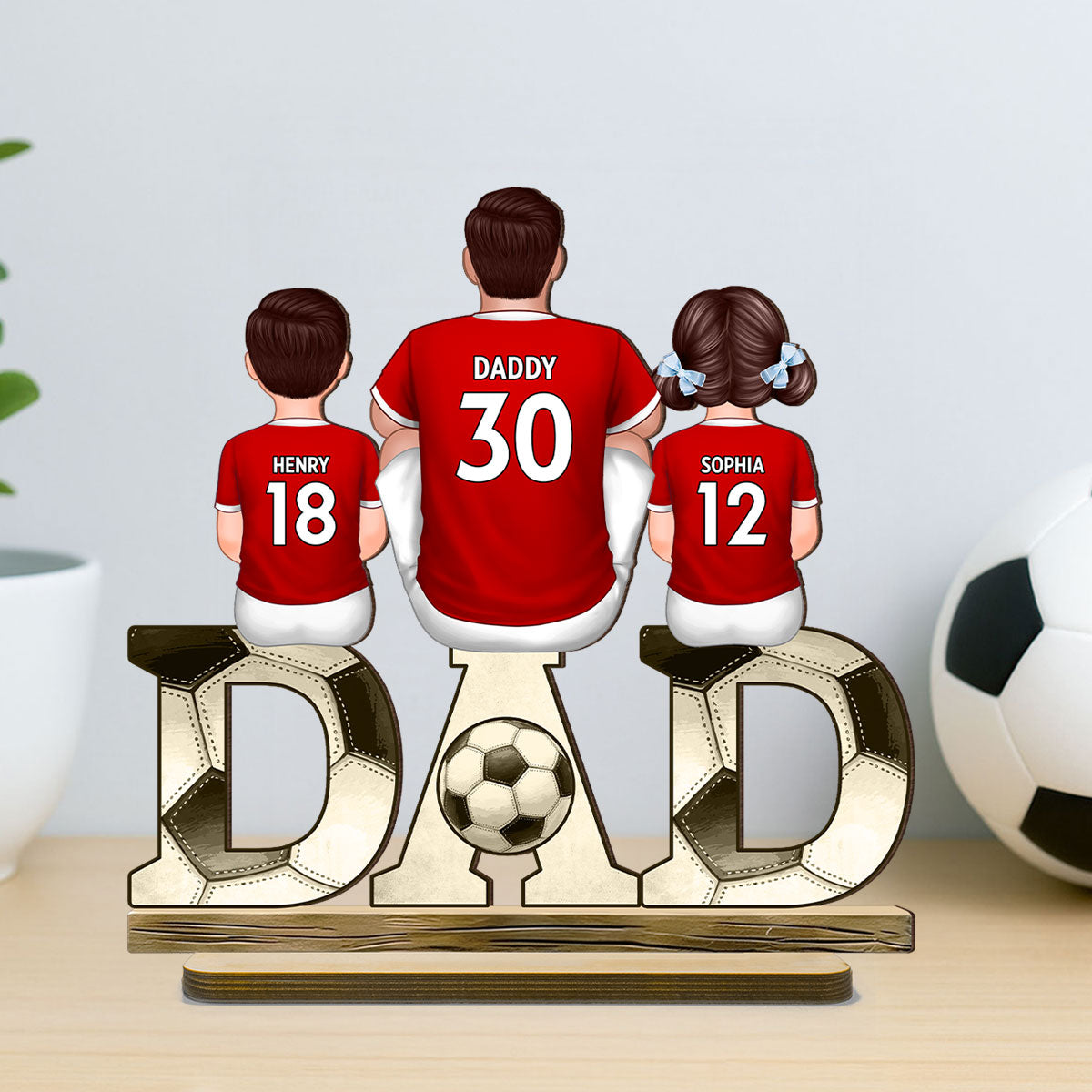 Soccer Dad And Kids Back View Personalized Standing Wooden Plaque, Father's Day Gift for Husband, Gift for Dad