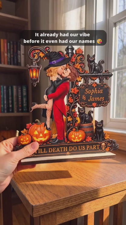Custom 2-Layered Wooden Plaque - Personalized Halloween Anniversary Wedding Gifts For Gifts For Husband And Wife, Him And Her - Love Never Gets Spooky