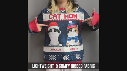 Merry Christmas Cat Mom Cat Dad Sweater, Personalized Custom Unisex Ugly Christmas Sweatshirt, Wool Sweatshirt, All-Over-Print Sweatshirt, Gift For Cat Lovers, Pet Lovers, Christmas Gift