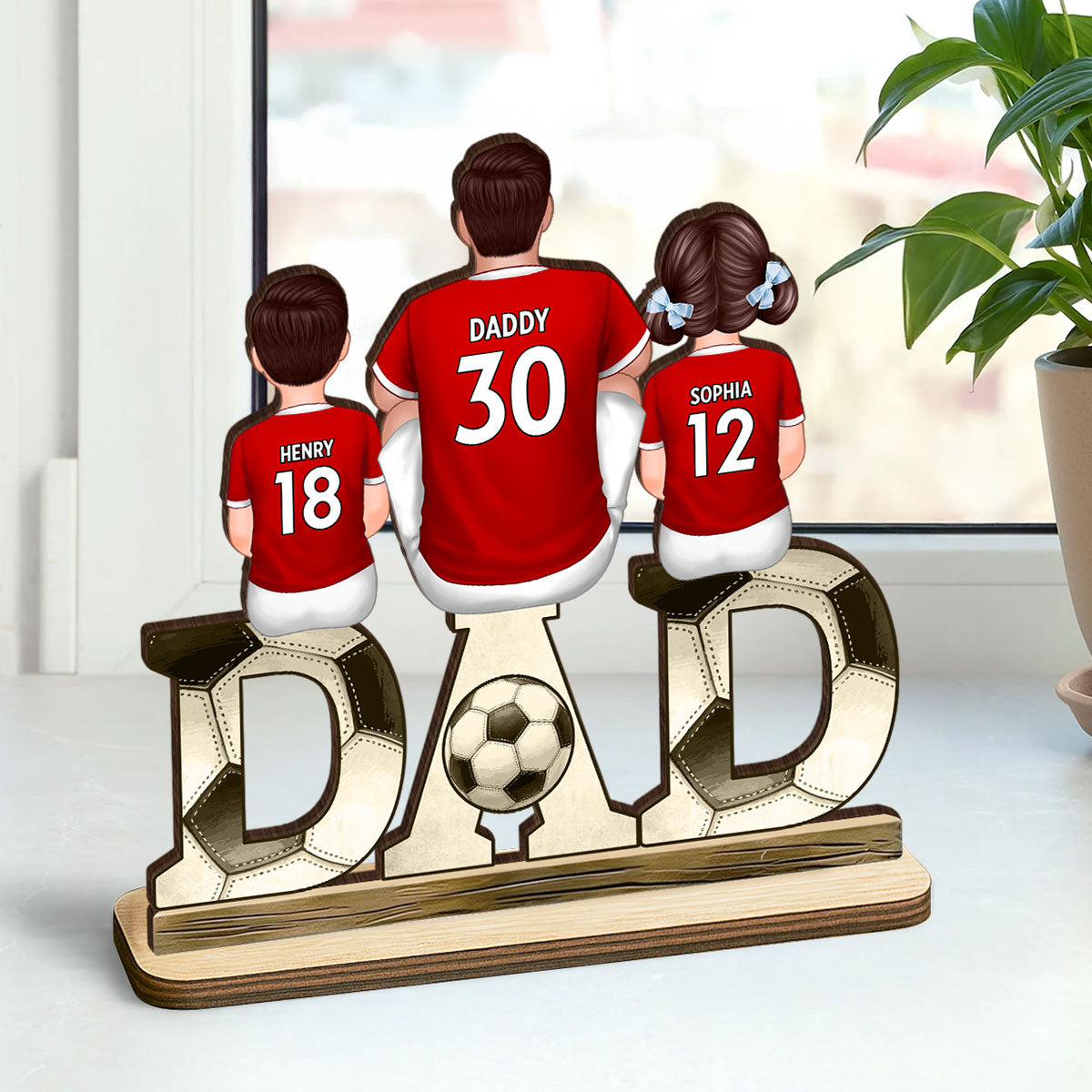 Soccer Dad And Kids Back View Personalized Standing Wooden Plaque, Father's Day Gift for Husband, Gift for Dad