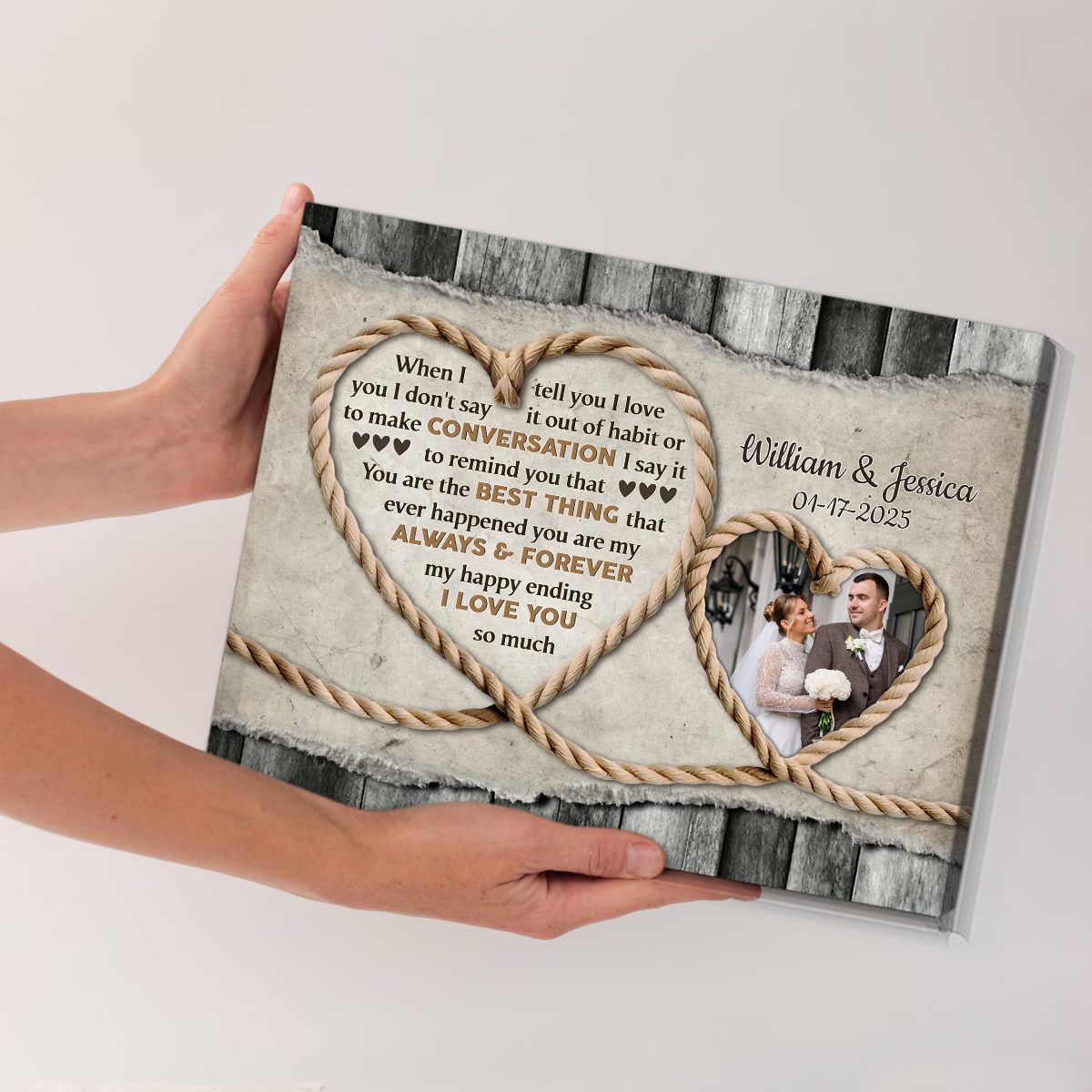 When I Say I Love You – Gift For Couple Rustic Rope Heart Custom Photo Canvas Wall Art
