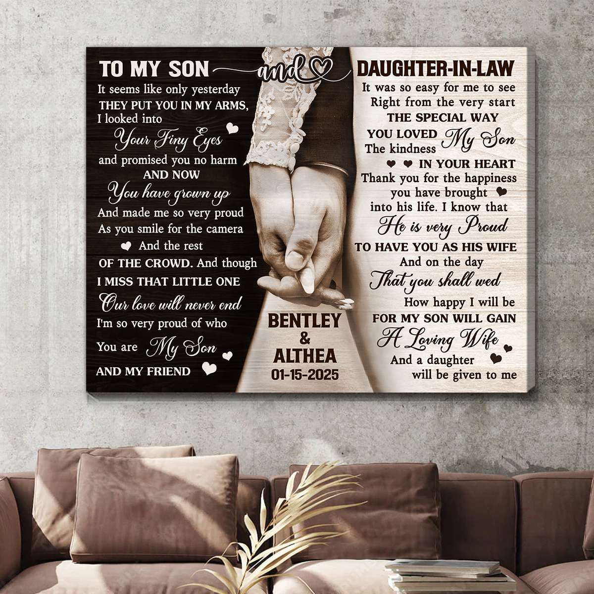 To My Son and Daughter In Law Canvas Wall Art – Personalized Wedding Gift From Parents of The Groom