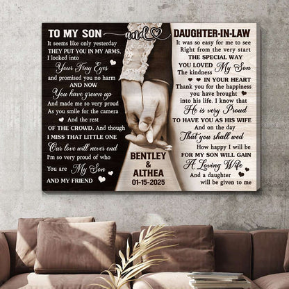 To My Son and Daughter In Law Canvas Wall Art – Personalized Wedding Gift From Parents of The Groom