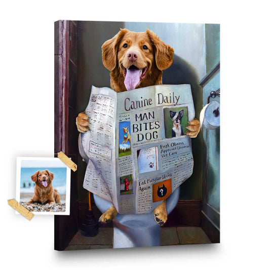 Dog Read Newspaper in Toilet Custom Portrait Canvas, Funny Pet Portrait Canvas Wall Art