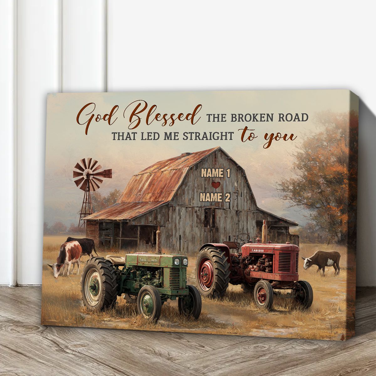 God Blessed the Broken Road – Personalized Couple Gift Farm Tractor Canvas Wall Art