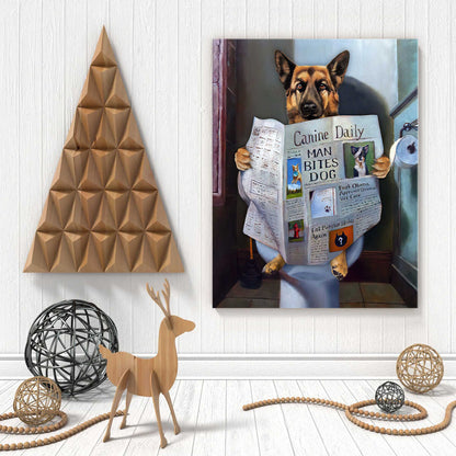 Dog Read Newspaper in Toilet Custom Portrait Canvas, Funny Pet Portrait Canvas Wall Art