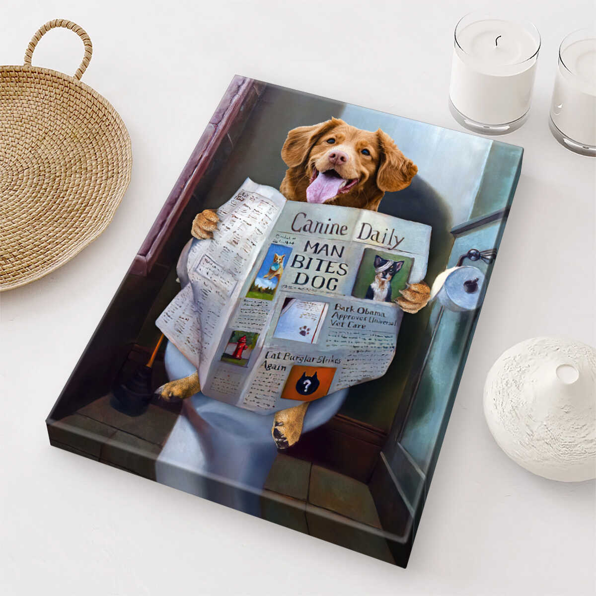 Dog Read Newspaper in Toilet Custom Portrait Canvas, Funny Pet Portrait Canvas Wall Art