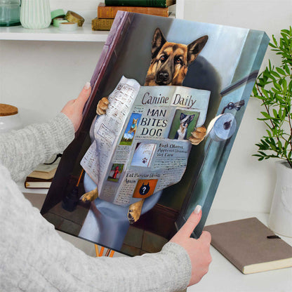 Dog Read Newspaper in Toilet Custom Portrait Canvas, Funny Pet Portrait Canvas Wall Art