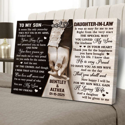 To My Son and Daughter In Law Canvas Wall Art – Personalized Wedding Gift From Parents of The Groom