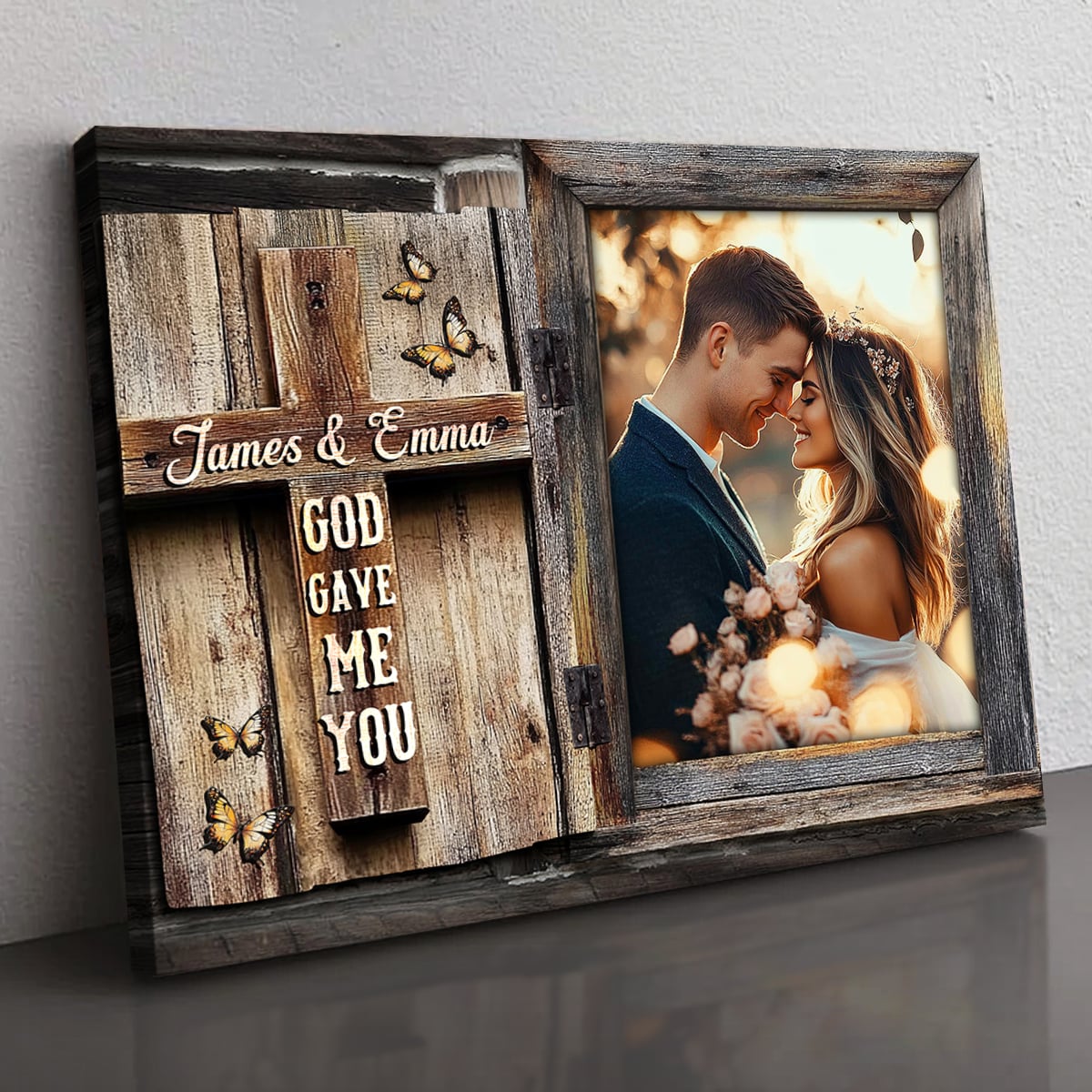 God Gave Me You – Personalized Rustic Wedding Gift Cross Design Canvas Wall Art