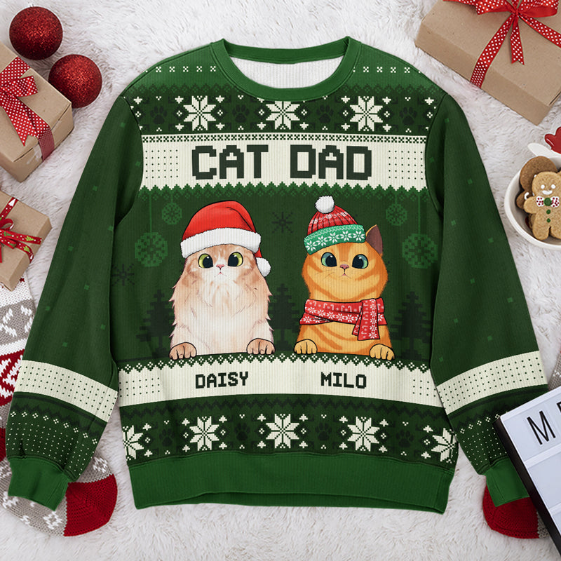 Merry Christmas Cat Dad Cat Mom Ugly Sweater - Personalized Custom Unisex Ugly Christmas Sweatshirt, All-Over-Print Sweatshirt - Gift For Cat Lovers, Pet Lovers, Christmas New Arrival Gift