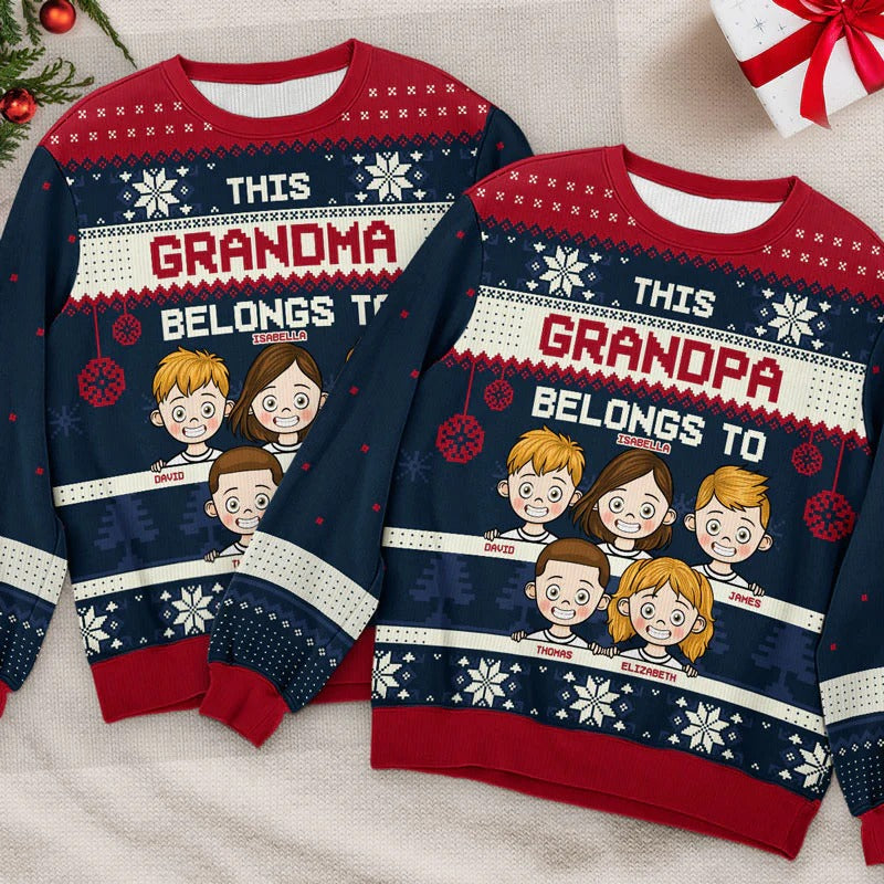 This Grandma Belongs To Ugly Sweater - Family Personalized Custom Ugly Sweatshirt - Unisex Wool Jumper - New Arrival Christmas Gift For Grandma, Grandparents