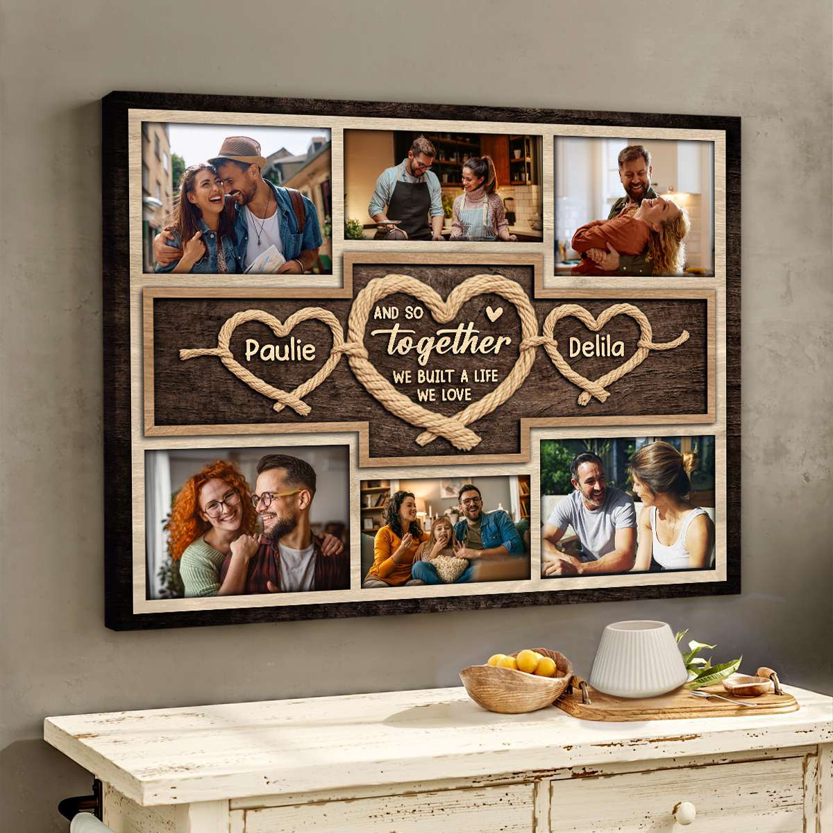Together We Built A Life We Love – Personalized Gift For Couples Rope Heart Photo Collage Canvas Wall Art
