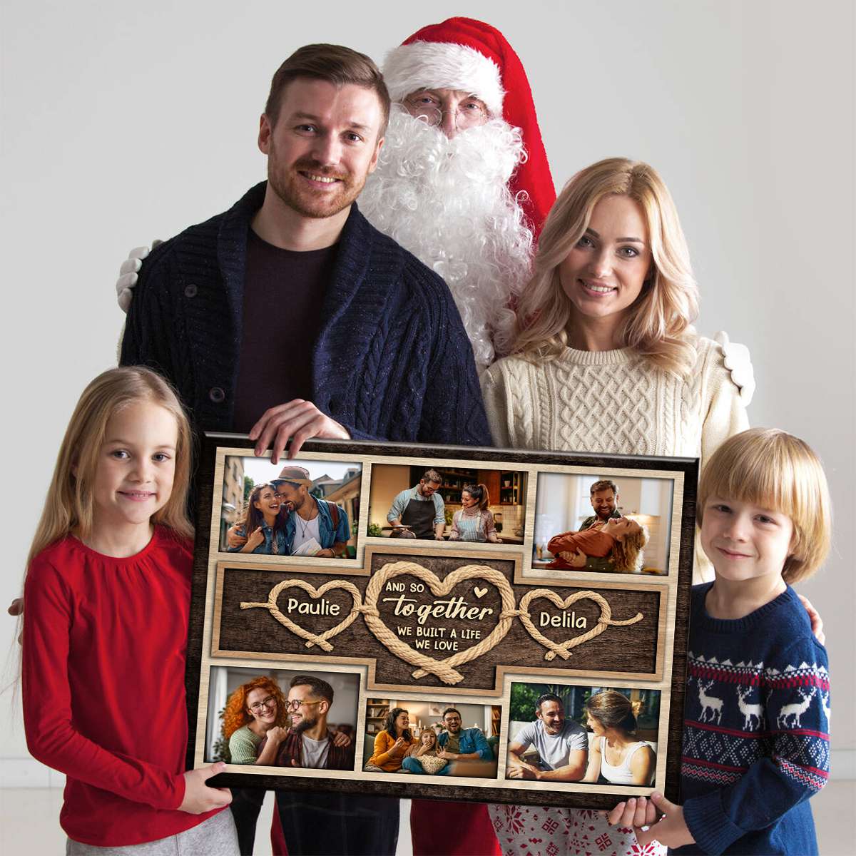 Together We Built A Life We Love – Personalized Gift For Couples Rope Heart Photo Collage Canvas Wall Art