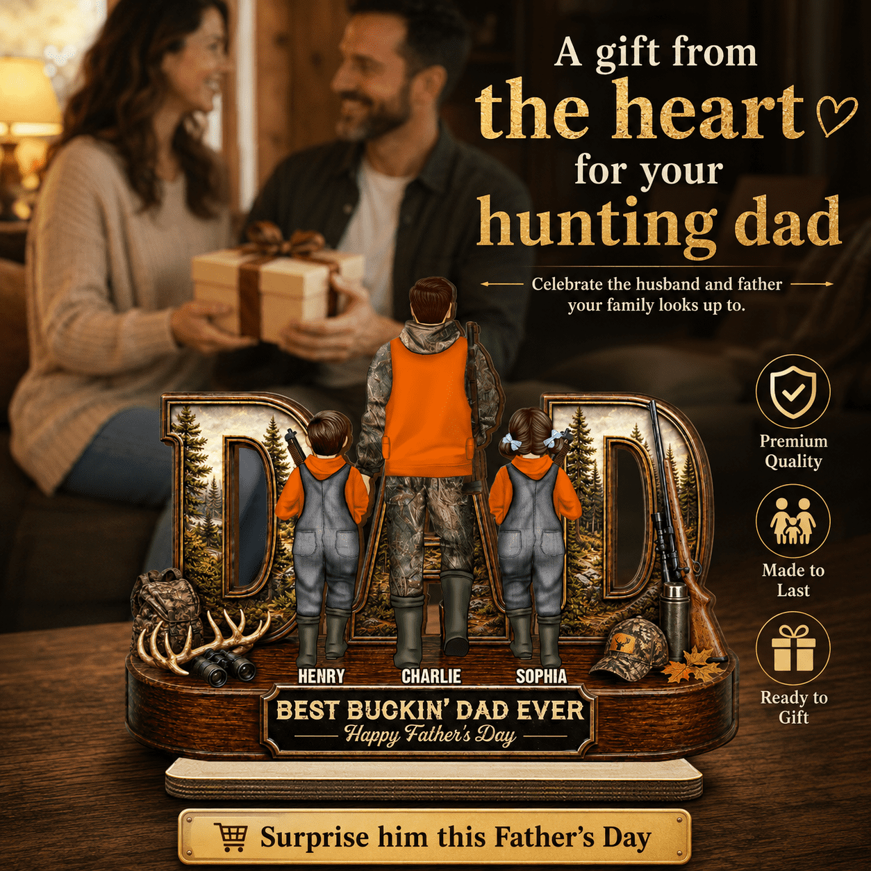 Hunting Dad Best Buckin' Dad Ever - Personalized 2-Layered Wooden Plaque - Unique Father's Day Gift For Hunting Dad, Husband