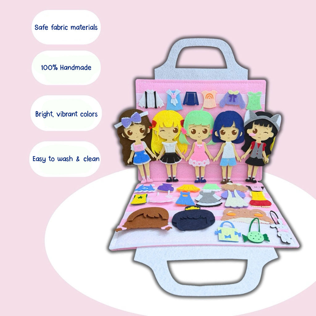 Fairy Princess Felt Dress-Up Doll Playset – Peel & Stick Fashion Activity Book with Carry Bag, Personalized Handmade Kids Toy