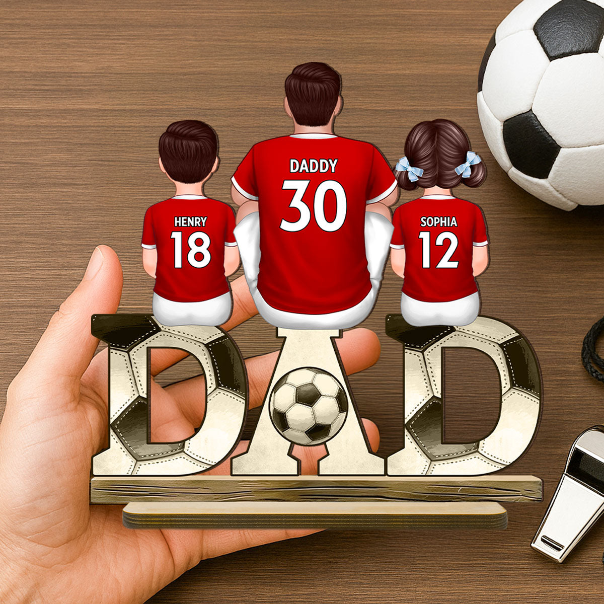 Soccer Dad And Kids Back View Personalized Standing Wooden Plaque, Father's Day Gift for Husband, Gift for Dad