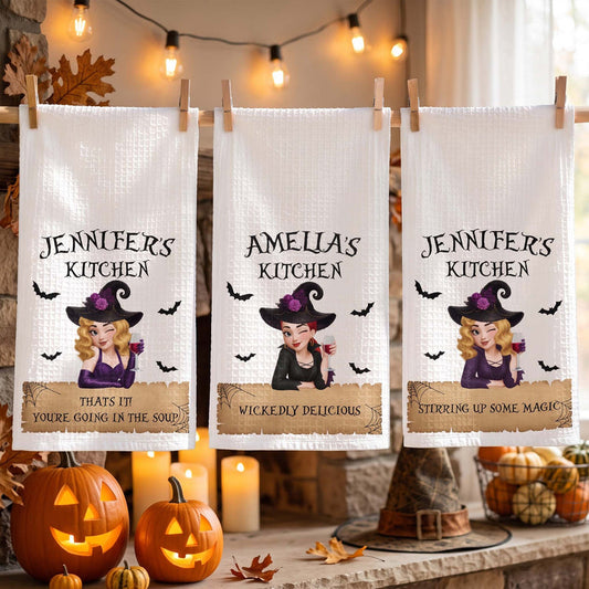 Wickedly Delicious Witch Kitchen Stirring Up Some Magic - Personalized Kitchen Towel, Halloween Gift