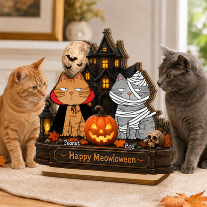 Happy Meowloween  Cats - Personalized 2-Layered Wooden Plaque - Halloween Spooky Decor for Cat Lovers